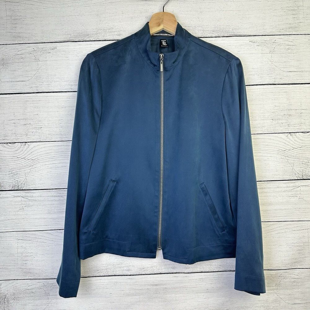 Company Ellen Tracy Zip Jacket‎ Women's Sz 12P Silk Blue Office Quiet Luxury